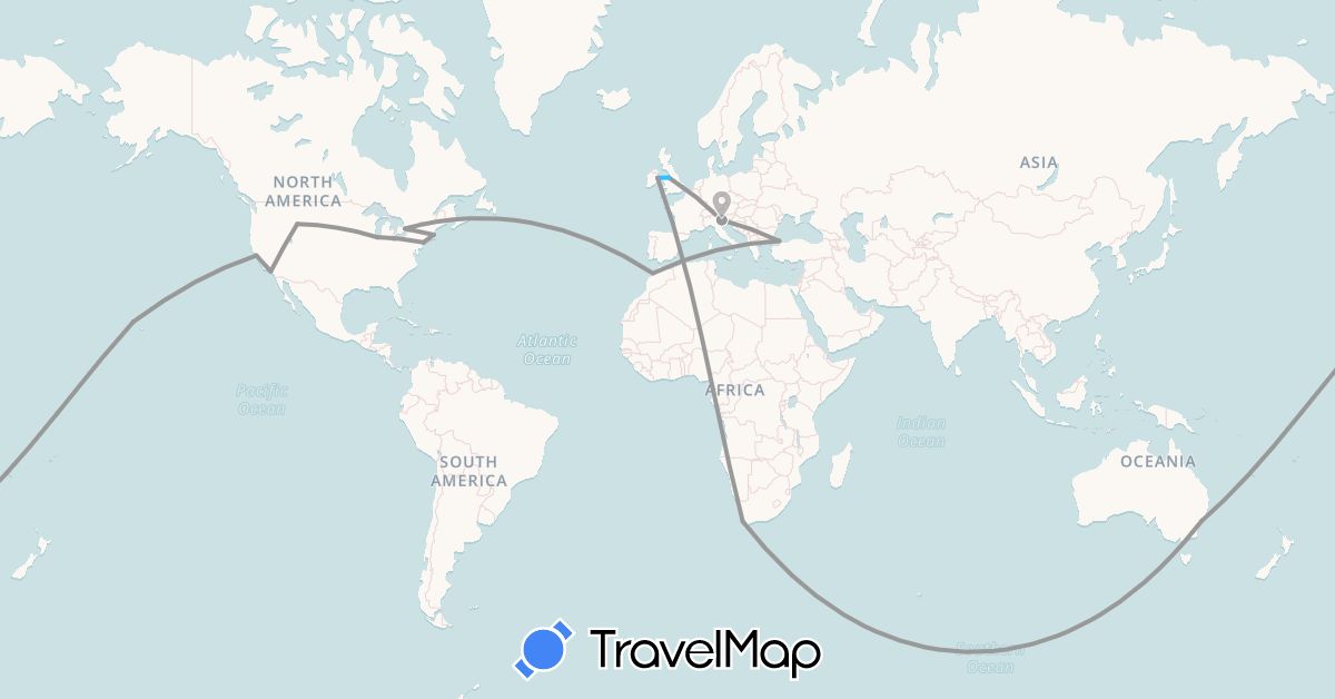 TravelMap itinerary: plane, boat in Australia, Canada, United Kingdom, Ireland, Italy, Morocco, Turkey, United States, South Africa (Africa, Asia, Europe, North America, Oceania)